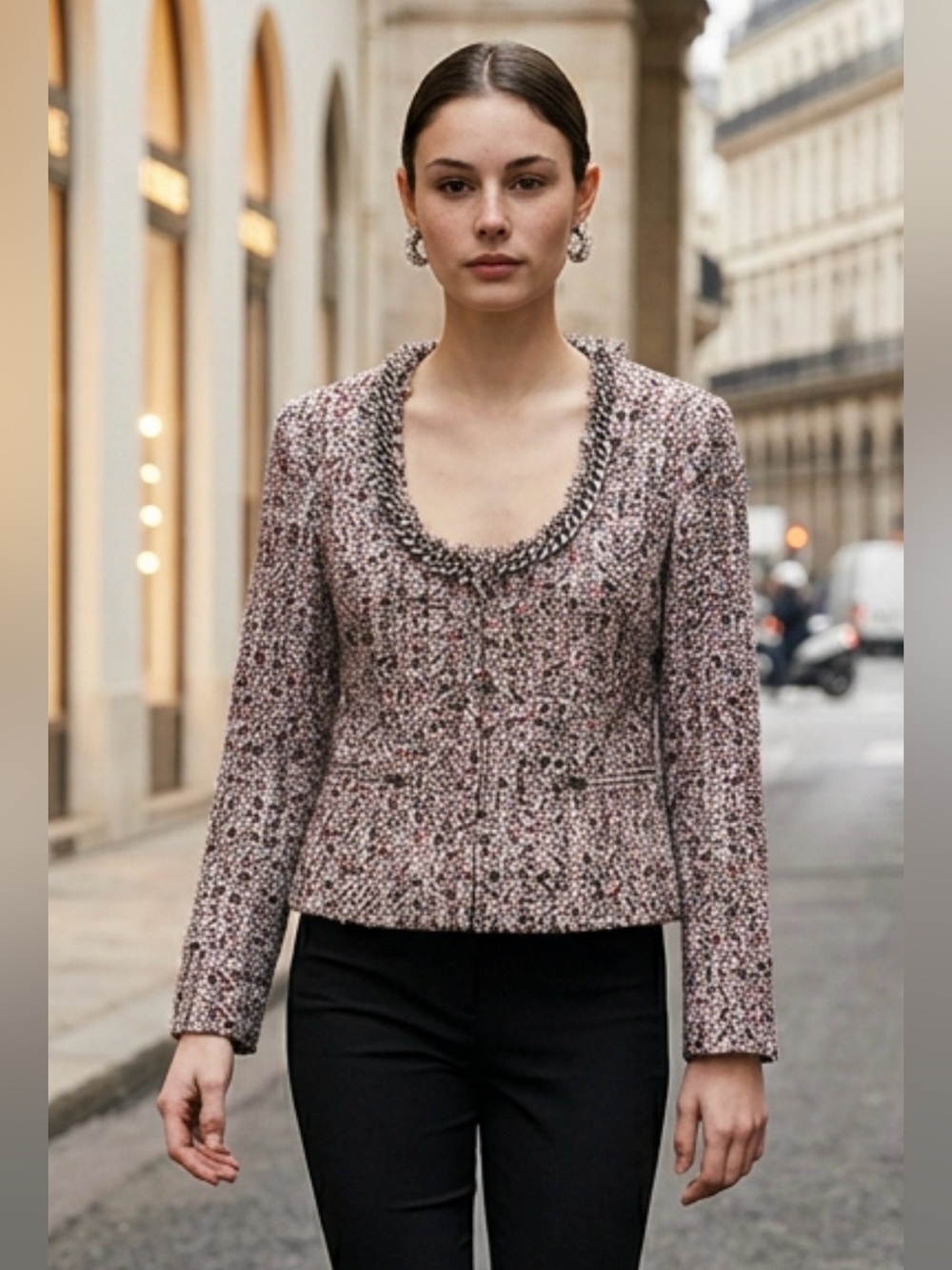 Boston Proper Black & Pink Sequined Fringe Blazer Jacket With Chain Neck Trim